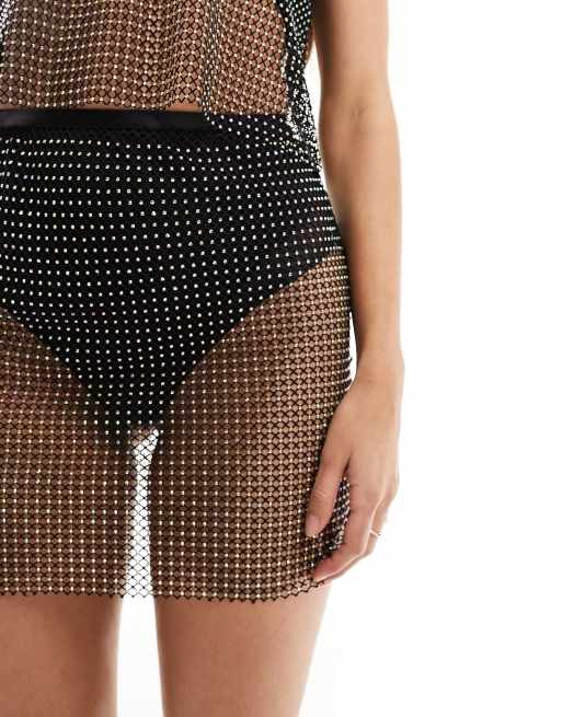 ASOS DESIGN - Sort mininederdel i fiskenet med påsatte rhinsten - Del af sæt, 3 af 5