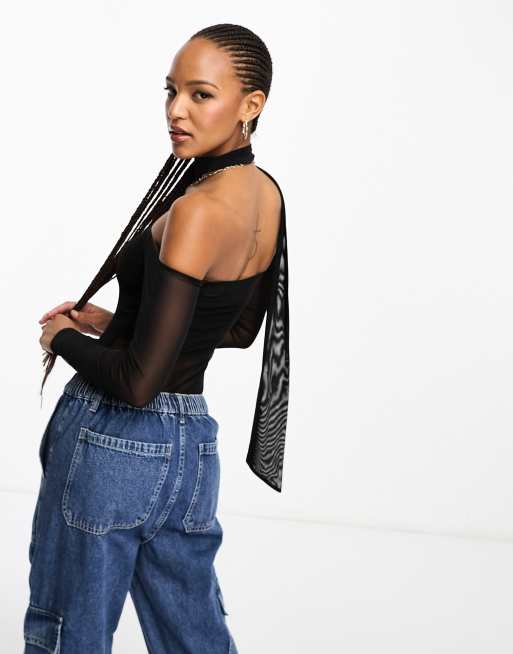 ASOS DESIGN - Sort offshoulder-bodystocking i mesh med tørklæde, 3 af 4
