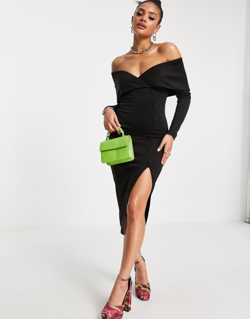 ASOS DESIGN - Sort offshoulder-midikjole med hjerteformet udskæring og knapdetaljer