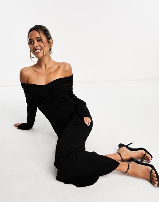 ASOS DESIGN - Sort offshoulder-midikjole med lange ærmer og snoet front, 2 af 4