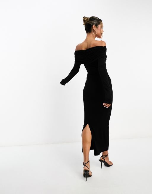 ASOS DESIGN - Sort offshoulder-midikjole med lange ærmer og snoet front, 4 af 4
