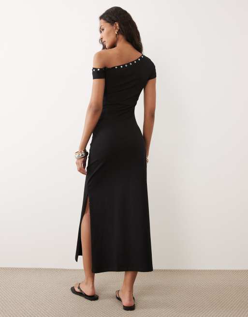 ASOS DESIGN - Sort offshoulder-midikjole med trykknapper, 4 af 4