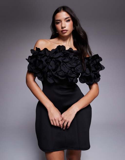 ASOS DESIGN - Sort offshoulder-minikjole med lanterneformet skørt og pyntebuketter på livstykket, 2 af 4