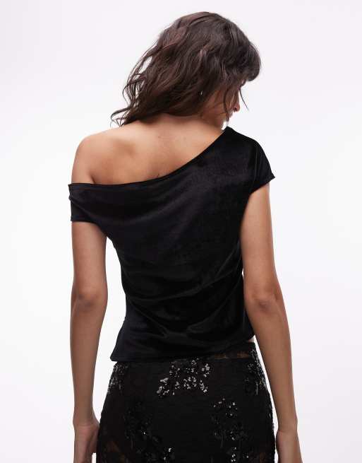 ASOS DESIGN - Sort offshoulder-overdel i velour med rynkedetaljer, 3 af 4