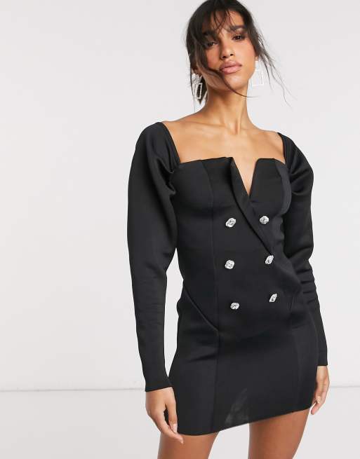 ASOS DESIGN - Sort, offshoulder smoking-minikjole med pynteknapper