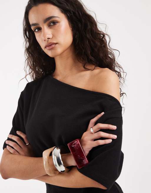 ASOS DESIGN - Sort offshoulder-T-shirt med tekstur - Del af sæt, 3 af 4