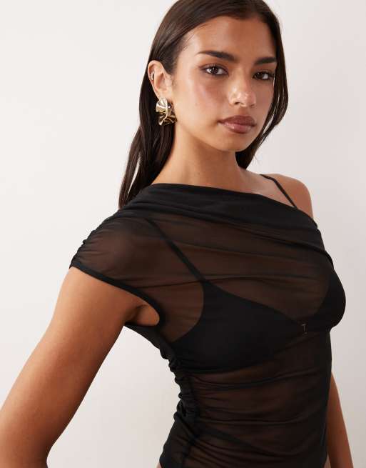 ASOS DESIGN - Sort offshoulder-top i gennemsigtigt mesh med rynker og asymmetrisk snit, 4 af 4