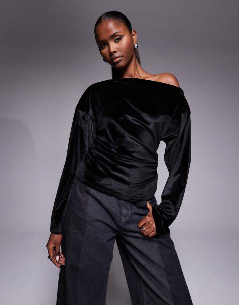 ASOS DESIGN - Sort offshoulder-top i velour med tætsiddende talje - view 1