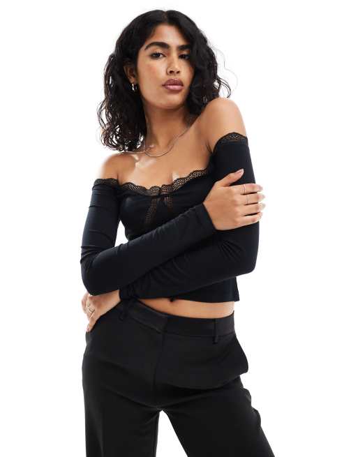 ASOS DESIGN - Sort offshoulder-top med blondekant