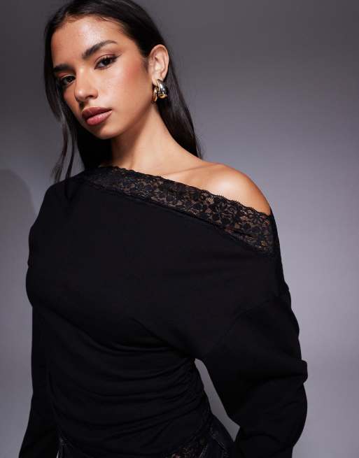 ASOS DESIGN - Sort offshoulder-top med lange ærmer, indsyninger i taljen og blondekanter, 3 af 4