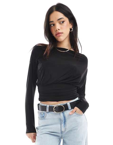 ASOS DESIGN - Sort offshoulder-top med lange ærmer og indsyet talje - view 1