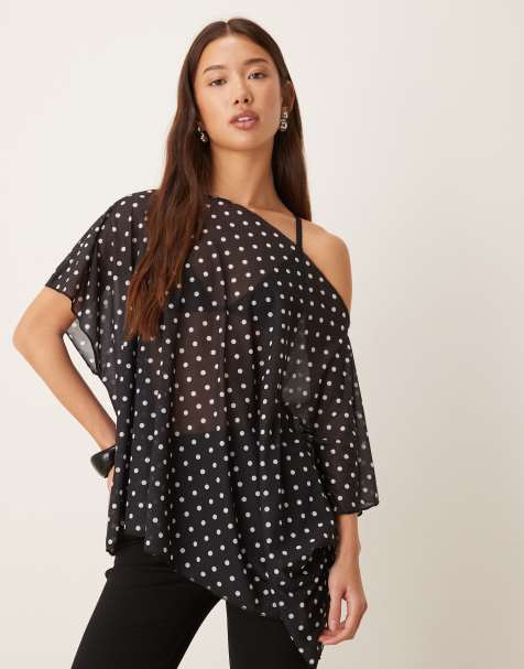 ASOS DESIGN - Sort offshoulder-top med polkaprikker og kappedesign i gennemsigtigt mesh med løstsiddende longline-snit - view 1