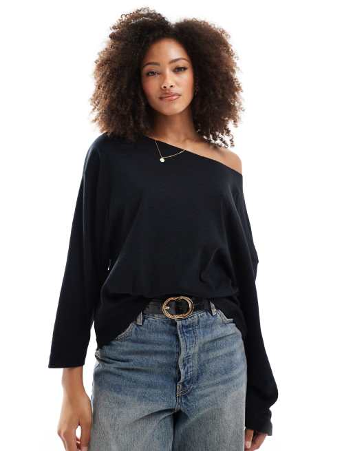 ASOS DESIGN - Sort og afslappet offshoulder-top med teksturet finish