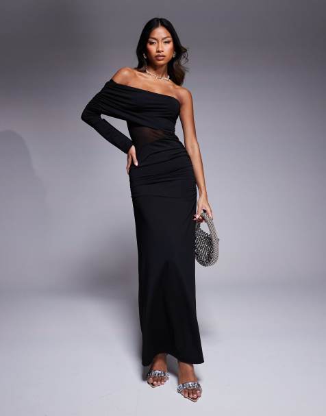 ASOS DESIGN - Sort og asymmetrisk oneshoulder-maxikjole med udskæring i mesh - view 1