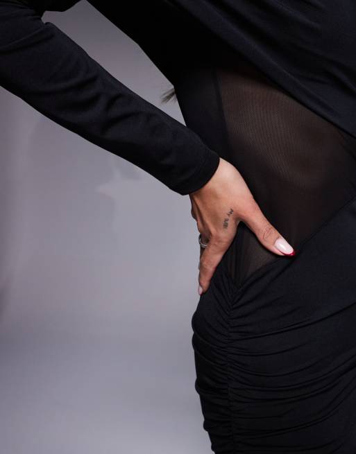 ASOS DESIGN asymmetric one shoulder maxi dress with mesh cut out in black