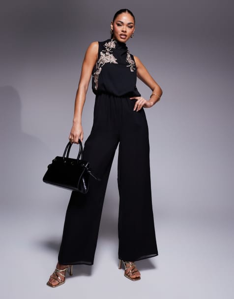 ASOS DESIGN - Sort og broderet jumpsuit med brede ben og vandfaldsudskæring - view 1