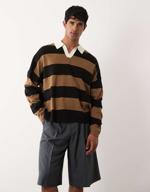 ASOS DESIGN - Sort og brun afslappet strikket polo med hak i halsen og striber, 2 af 5