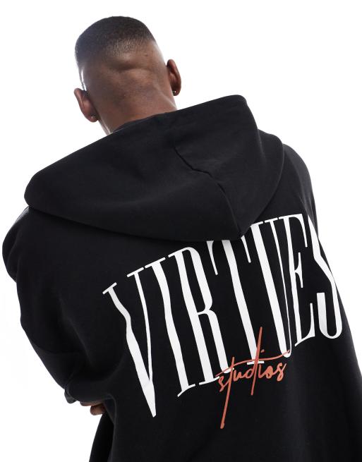 ASOS DESIGN - Sort og ekstremt oversized hættetrøje med firkantet pasform og lynlås samt print