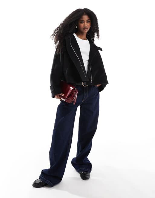 ASOS DESIGN cropped cape formal coat in black