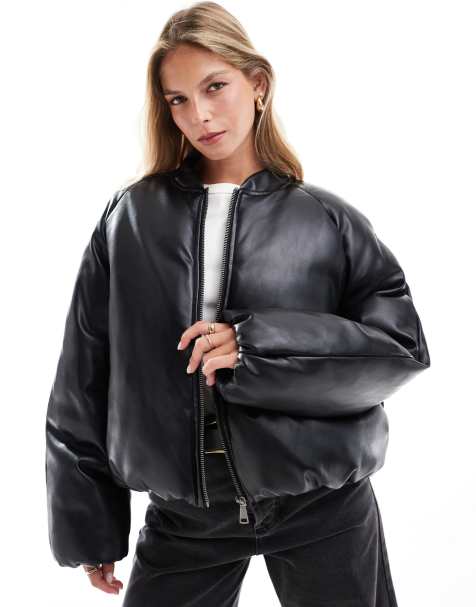 ASOS DESIGN - Sort og foret bomber-jakke med boblekant i læderlook - view 1