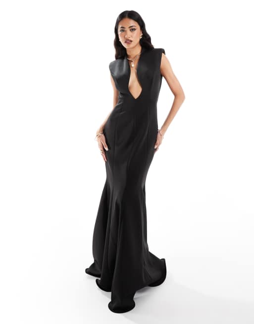 ASOS DESIGN - Sort og formet plunge-maxikjole i scubastof med fishtail