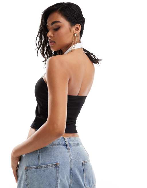 ASOS DESIGN - Sort og formsyet top med hvid og krydsende kontrast-halterneck, 4 af 4