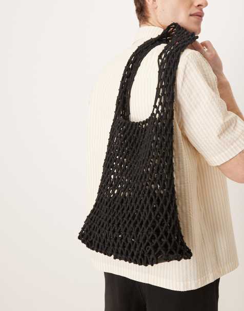ASOS DESIGN - Sort og hæklet sling-tote i vævet stof - view 1