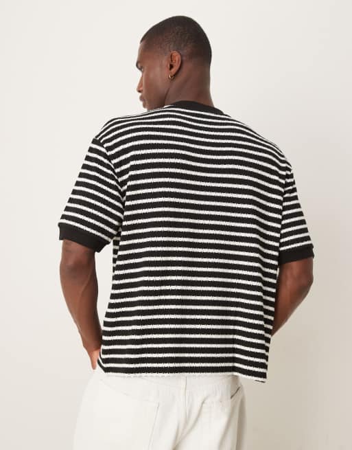 ASOS DESIGN - Sort og hvid afslappet T-shirt med teksturerede striber i firkantet pasform , 2 af 4