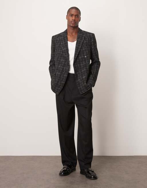 ASOS DESIGN - Sort og hvid dobbeltradet habitjakke i almindelig pasform med crosshatch-tekstur, 2 af 5