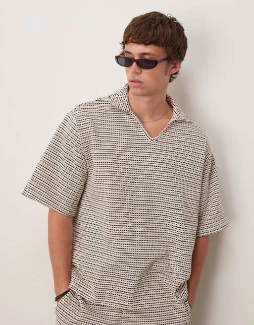 ASOS DESIGN - Sort og hvid hæklet oversized poloskjorte med striber - Del af sæt