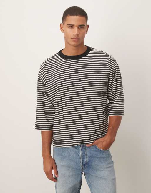  ASOS DESIGN - Sort og hvid kraftig oversized T-shirt med halve ærmer og striber i firkantet pasform 