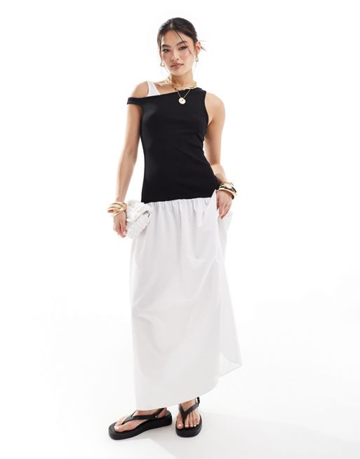 FhyzicsShops DESIGN - Sort og hvid midikjole med sænket skulder og nederdel i poplin