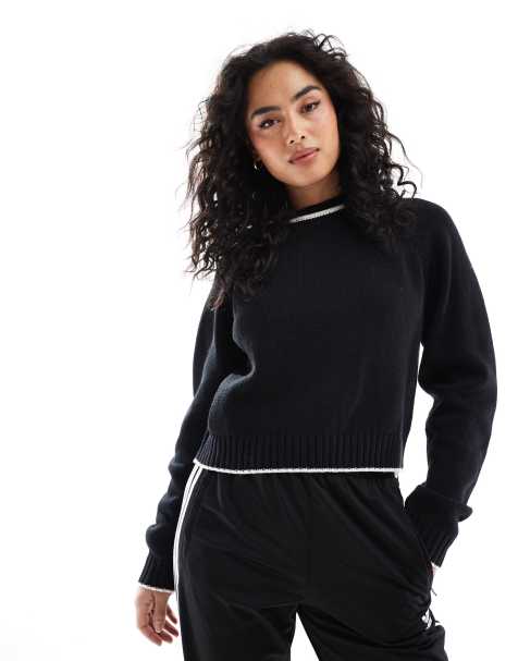 ASOS DESIGN - Sort og hvid trøje med rund hals, kantstriber og strikkede detaljer - view 1