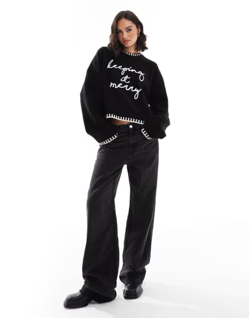 ASOS DESIGN - Sort og hvid trøje med rund hals, tæppesyninger og juleslogan, 4 af 4