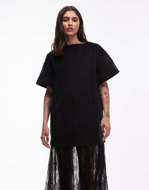 ASOS DESIGN - Sort og hybrid T-shirt-maxikjole i fløjl med blonde-skørt, 2 af 4