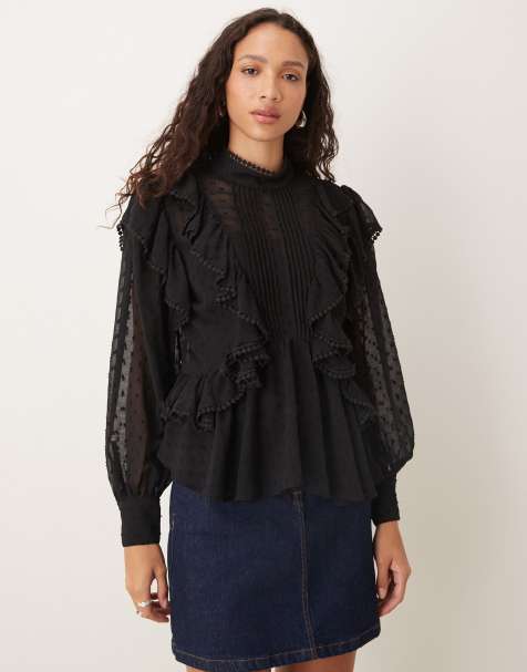 ASOS DESIGN - Sort og langærmet bluse med flæser og broderidetaljer - view 1