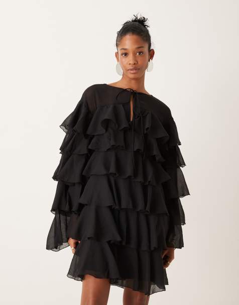ASOS DESIGN - Sort og langærmet minikjole i chiffon med lag-på-lag flæser - view 1