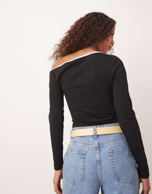 ASOS DESIGN - Sort og langærmet offshoulder-top med kontastkant, 4 af 4