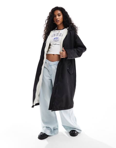 ASOS DESIGN - Sort og longline regnfrakke med for af imiteret lammeskind - view 1