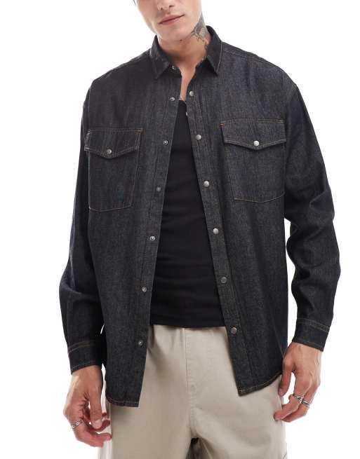 ASOS DESIGN - Sort og oversized denimskjorte i 90'er-stil med westernlomme 