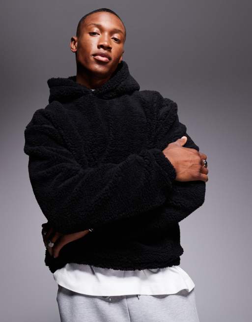 ASOS DESIGN - Sort og oversized hættetrøje i imiteret lammeskind med firkantet pasform