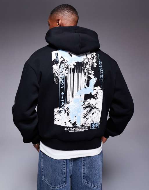 ASOS DESIGN - Sort og oversized hættetrøje med firkantet pasform og print på ryggen