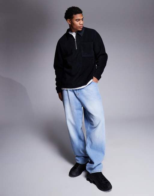 ASOS DESIGN - Sort og oversized rugby-sweatshirt i fleece med polokrave og kvart lynlås