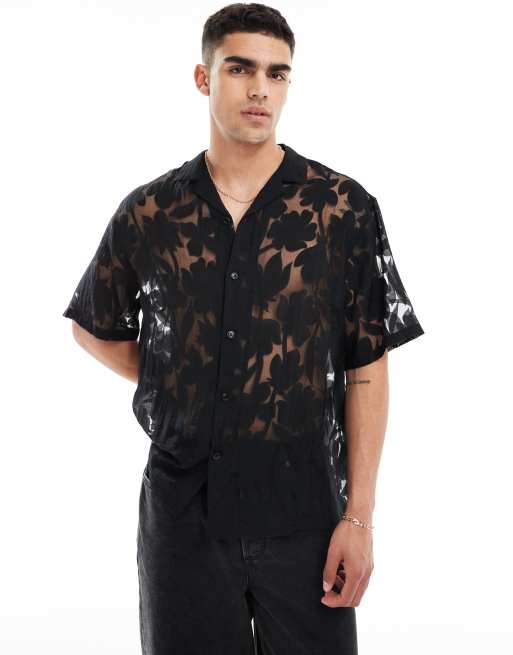 ASOS DESIGN - Sort og oversized skjorte med reverskrave i blomstret og udbrændt mønster