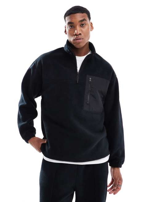 ASOS DESIGN - Sort og oversized sweatshirt i fleece med kvart lynlås og brystlomme