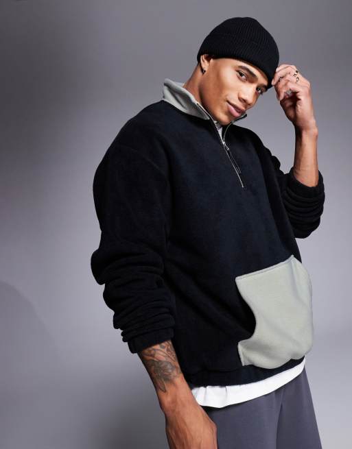 ASOS DESIGN - Sort og oversized sweatshirt i fleece med kvart lynlås og lomme