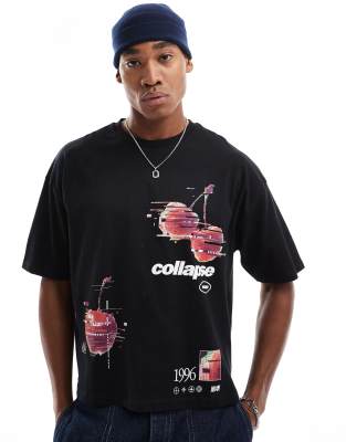 ASOS DESIGN - Sort og oversized T-shirt med firkantet pasform og kirsebærprint foran