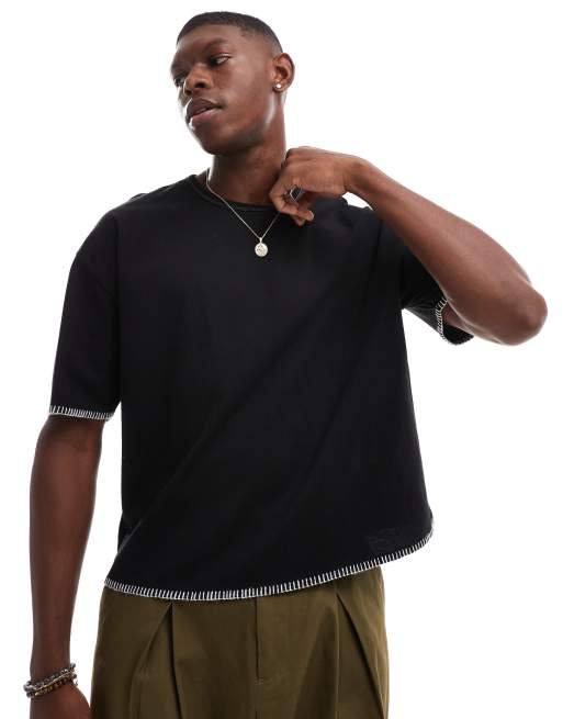 ASOS DESIGN - Sort og oversized T-shirt med firkantet pasform og tæppesyning
