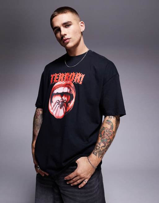 ASOS DESIGN - Sort og oversized T-shirt med Halloween-print fortil