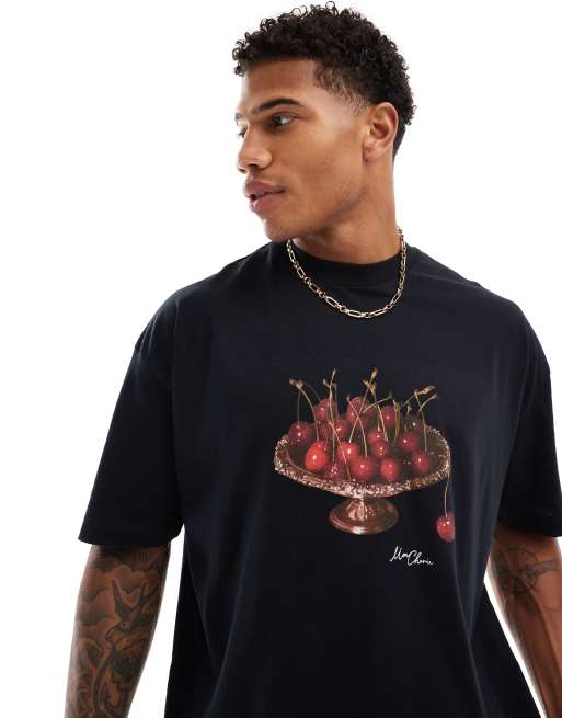 ASOS DESIGN - Sort og oversized T-shirt med kirsebærprint på brystet